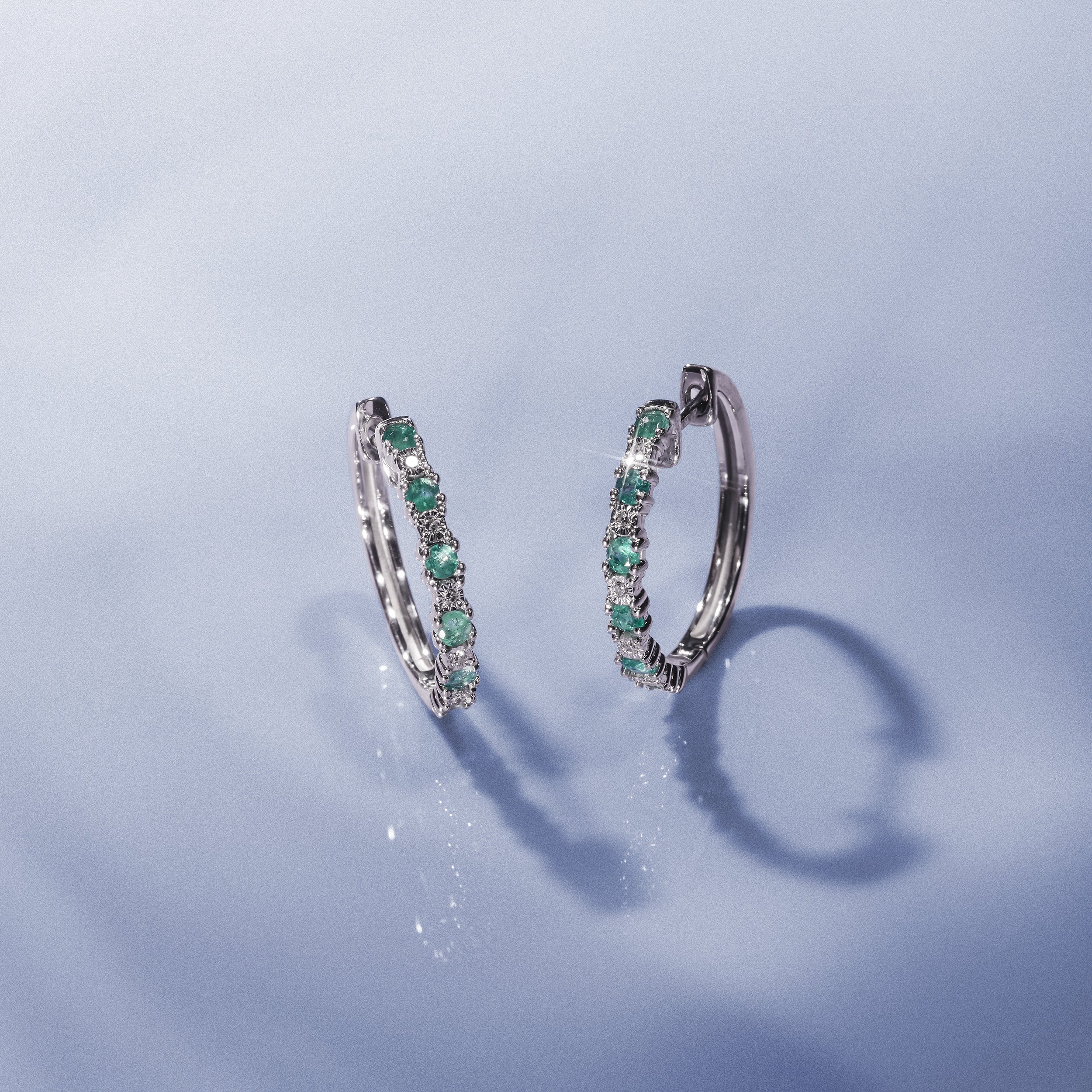 Emerald and Lab Diamond Hoop Earrings Stellato Collection 925 Silver